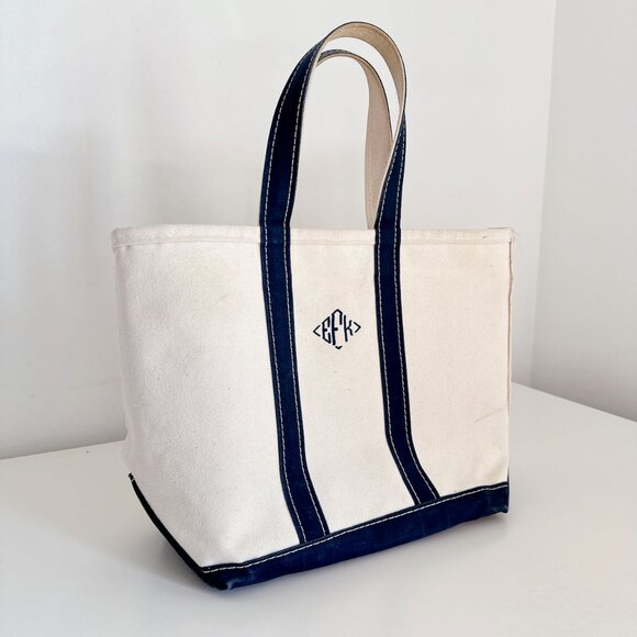 VINTAGE LLBEAN BOAT & TOTE BAG - WHITE WITH NAVY - MONOGRAM EFK - MEDIUM 16" - Picture 3 of 12